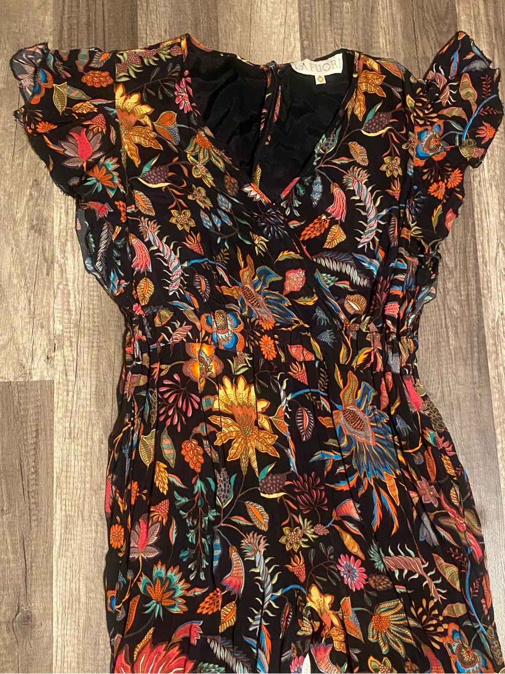 La Fuori Black Floral Wrap Jumpsuit with Multicolor Botanical Print